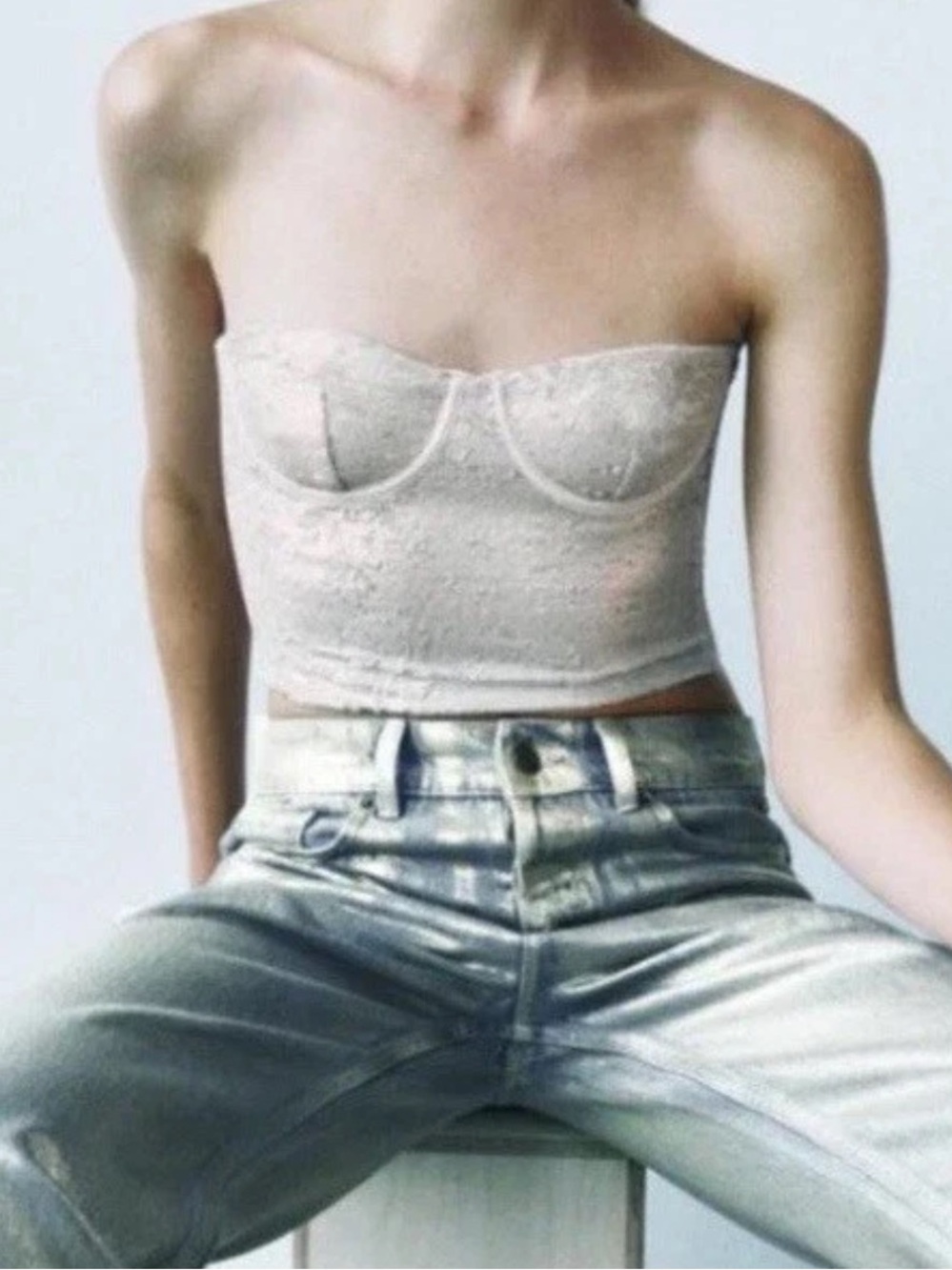 NWT ZARA Champagne Sequin Strapless Bustier Crop Top. Size M